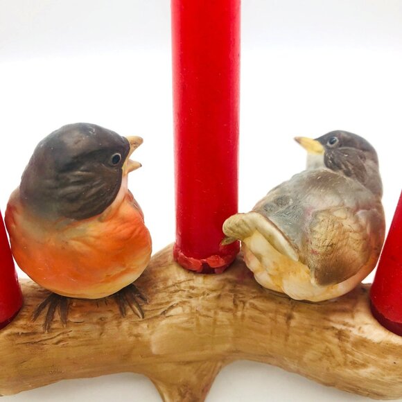 Vtg Lenox Japan Ceramic 3 Song Birds on Log Candle Holder w/ 5 Red Tapers - Picture 5 of 10